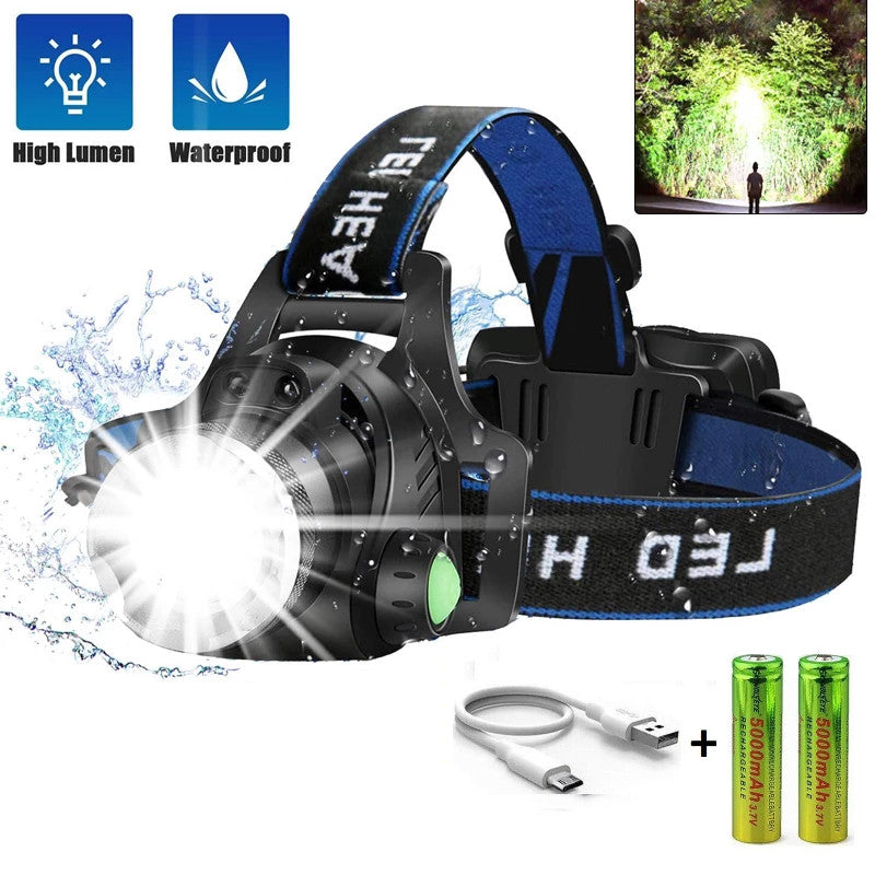 Rechargeable LED Headlamp 25000LM Waterproof Outdoor Head Torch for Camping Hiking Running
