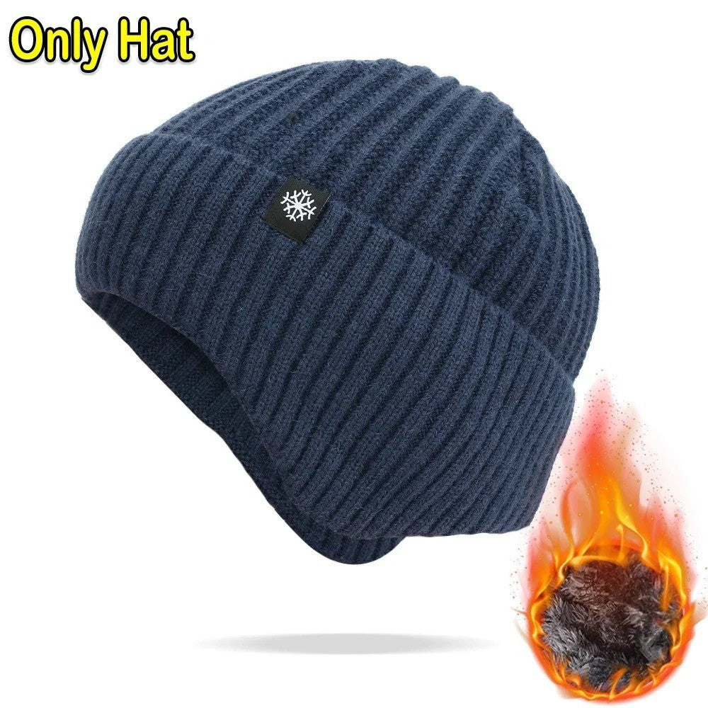 Men's Winter Knitted Beanie Hat with Faux Fur Lining Windproof Cap