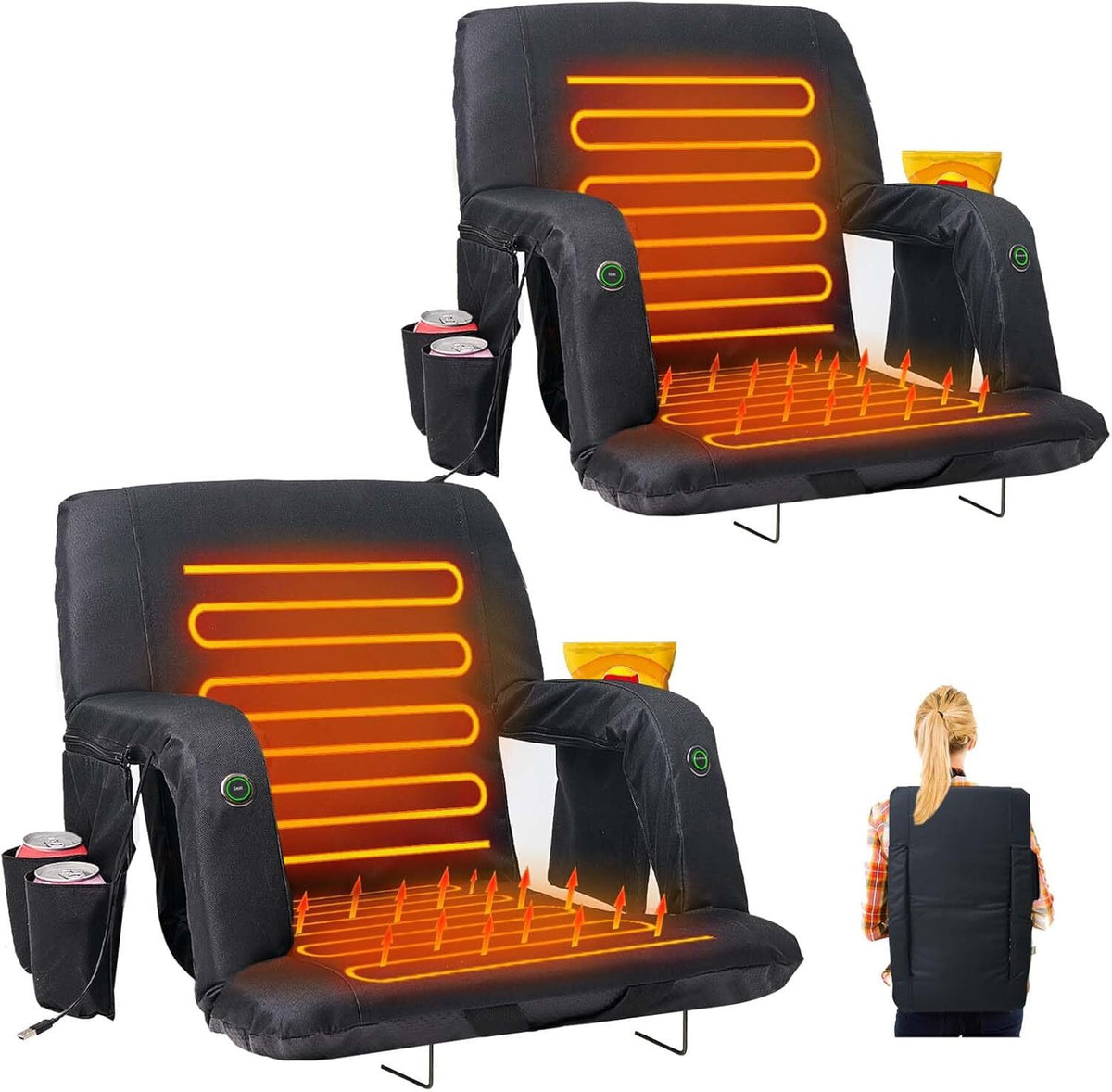 Heated Stadium Seat with Back Support & Reclining Positions - USB Power