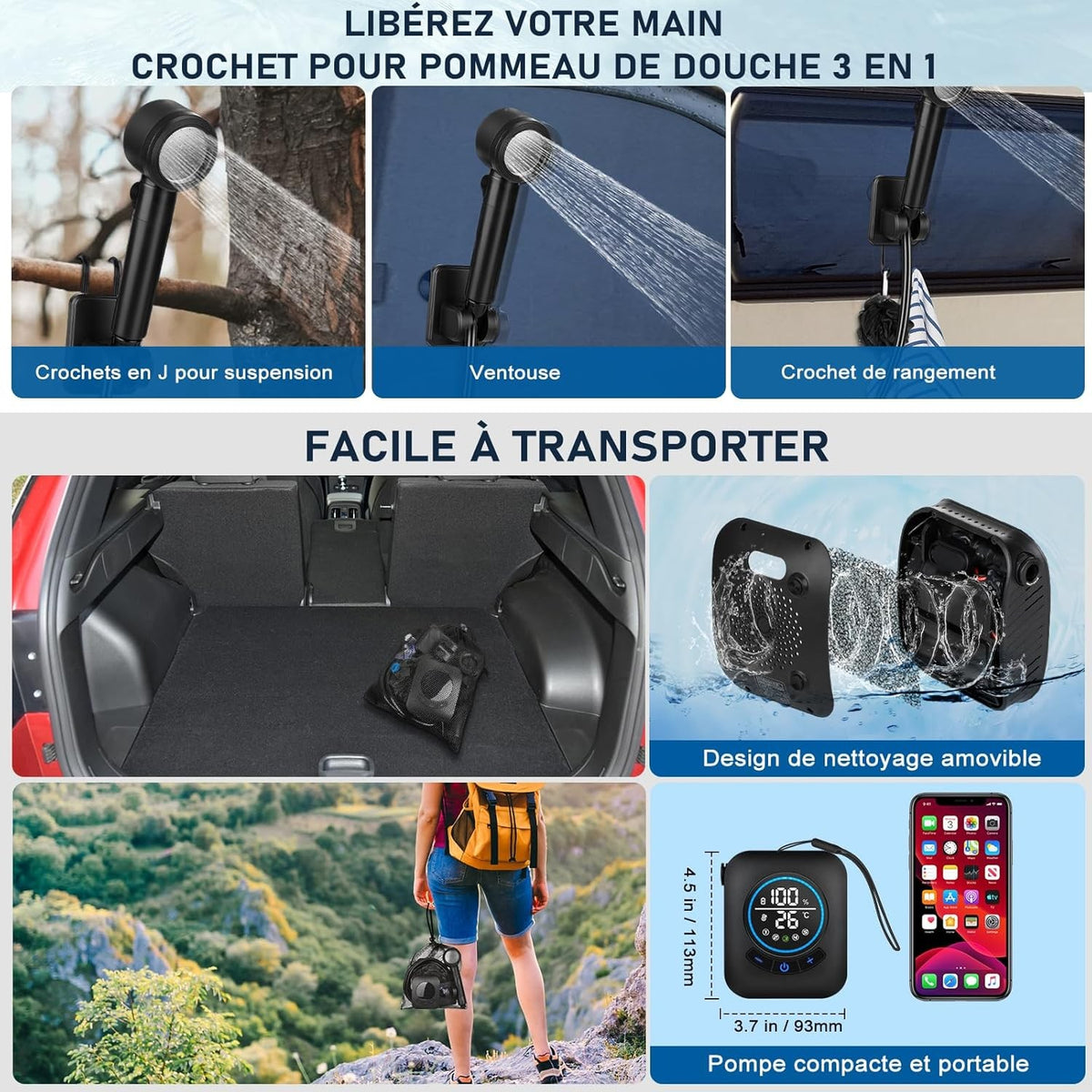 Portable Shower with LCD Display 8000mAh Rechargeable 5 Pressure Levels