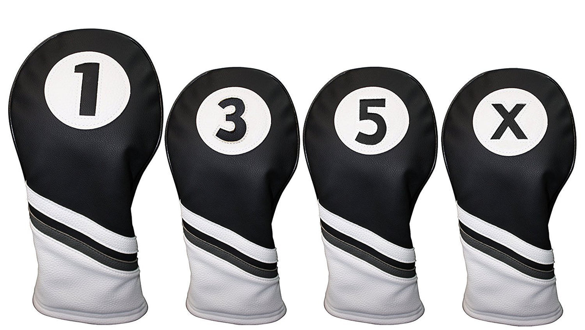 Golf Headcover Set for Driver and Fairway Woods - Black & White Leather Style