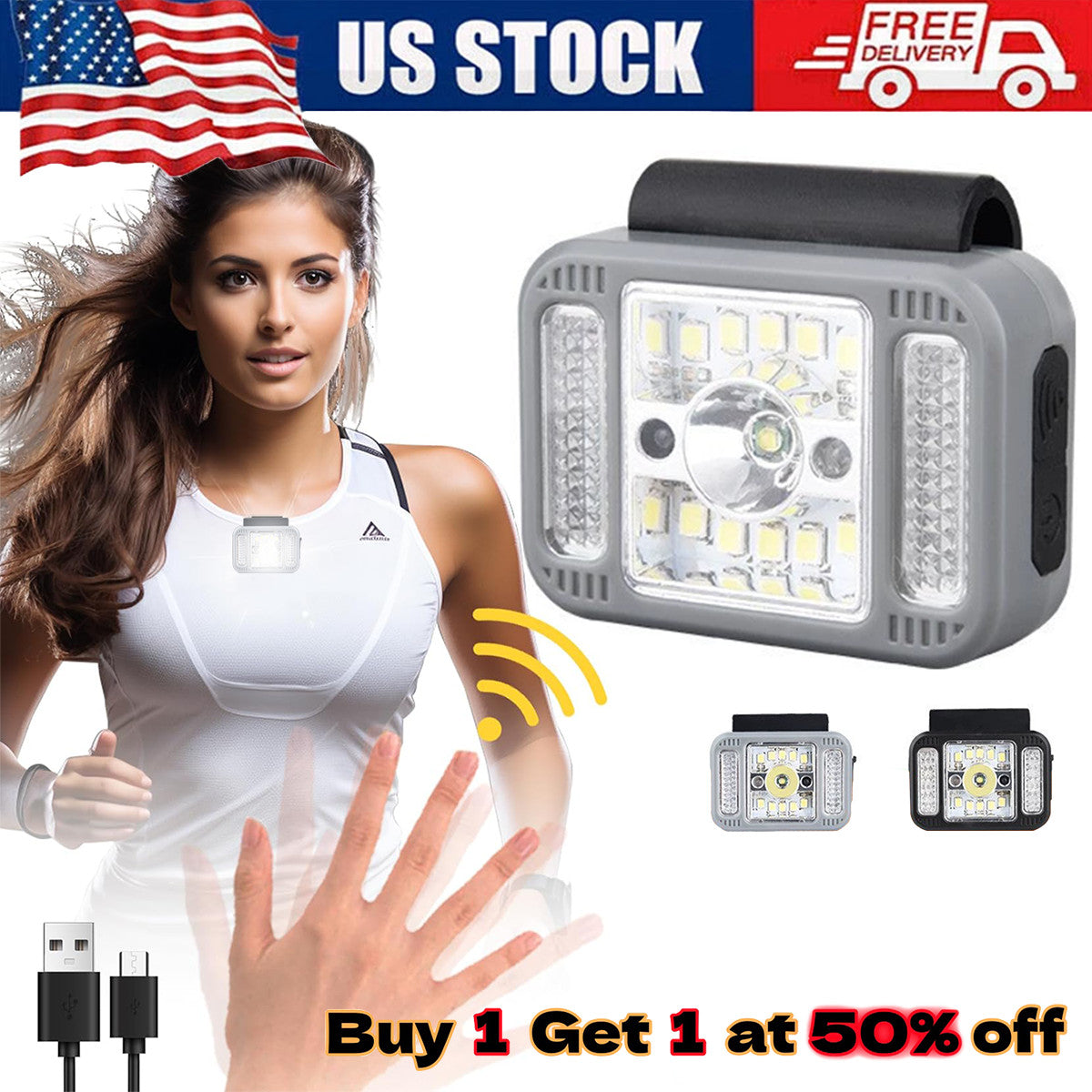 Rechargeable LED Headlamp with 6 Modes & Motion Sensor for Running Camping