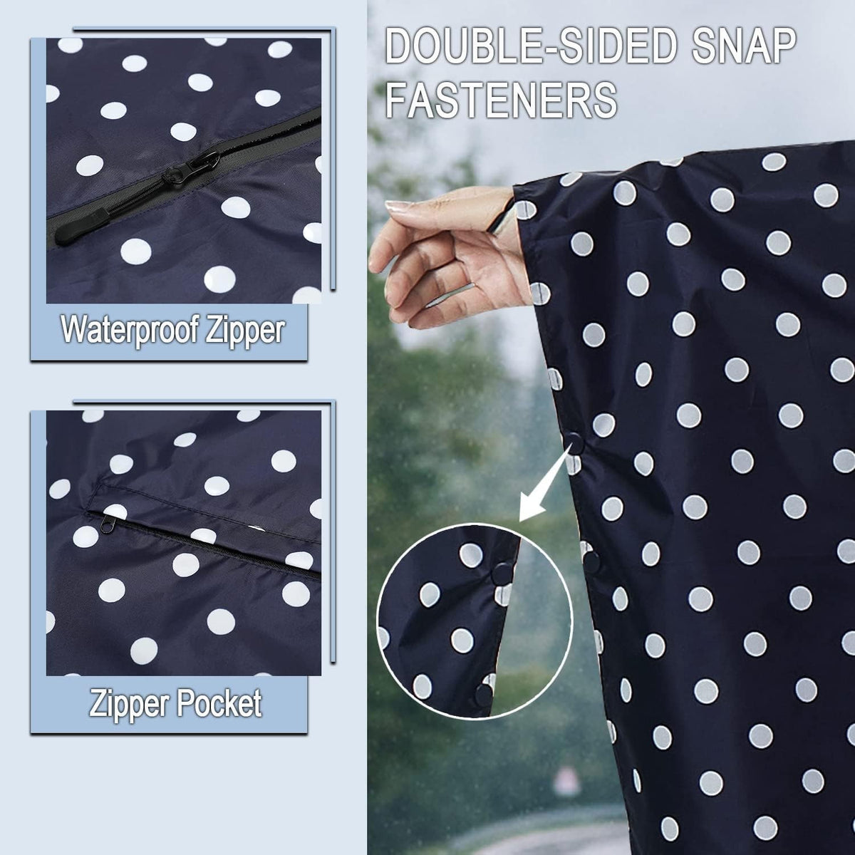 Waterproof Rain Poncho with Hood - One Size Blue Dot