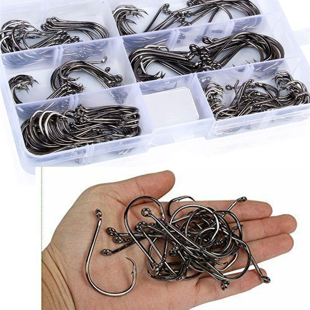 Offset Circle Fishing Hooks Set - High Carbon Steel, Sizes #1-5/0, 160 Pack