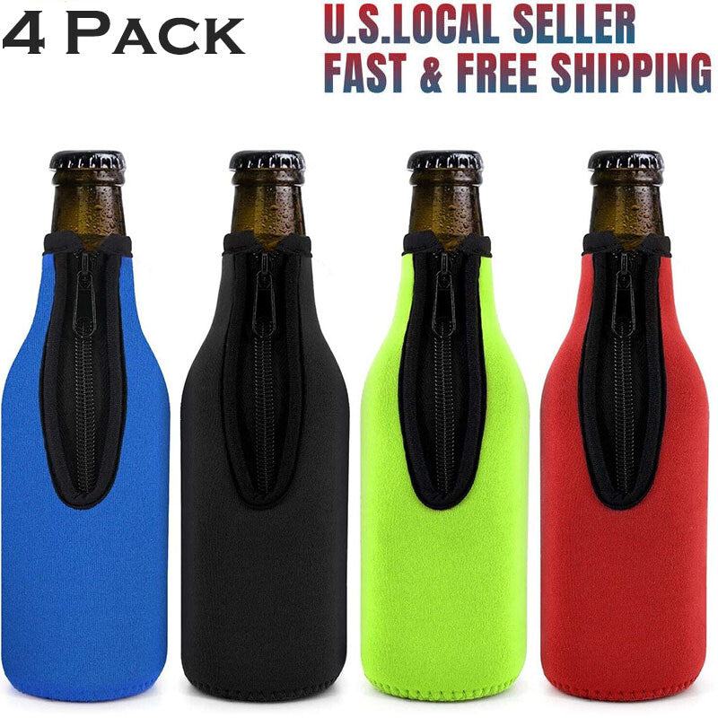 4 Pack Insulated Beer Bottle Sleeves with Zipper Keep Drinks Cold & Hands Dry