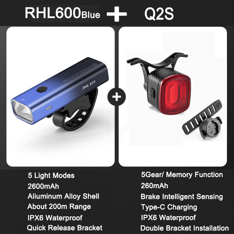 High Brightness Bike Front & Rear Light Set USB-C LED Headlight 1500LM