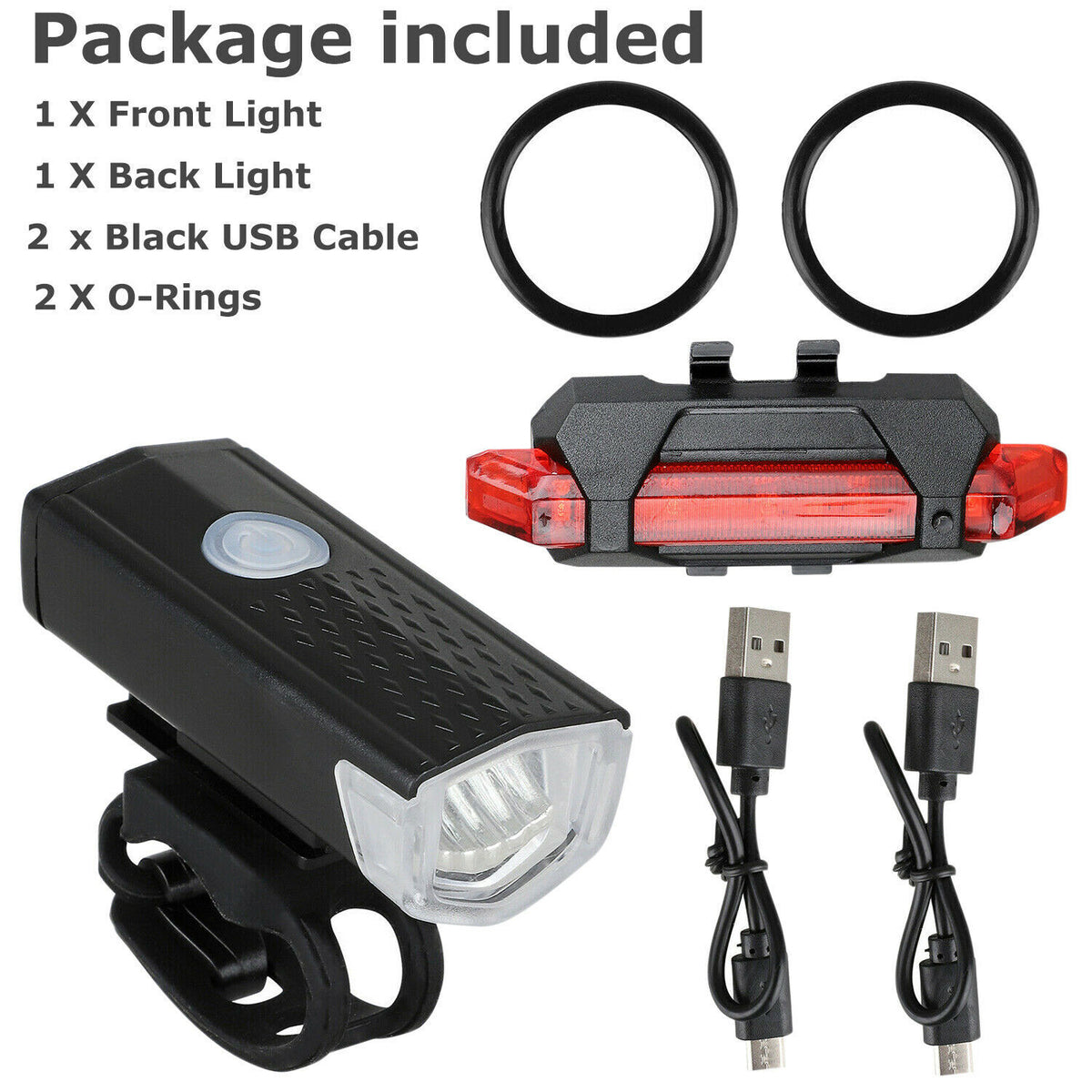USB Rechargeable Bike Headlight and Tail Light Set - Bright Cycling Lights
