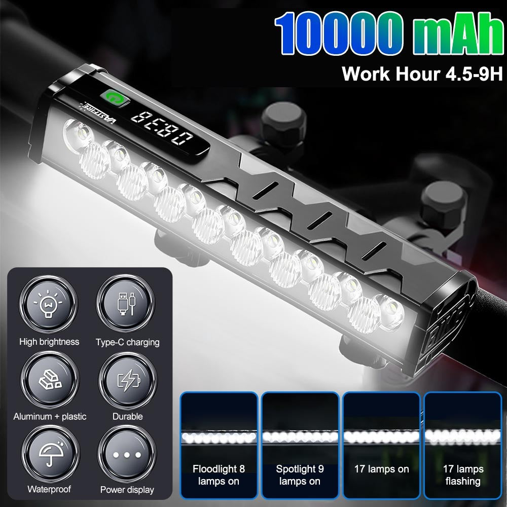 Rechargeable Bicycle Headlamp 10000mAh LED Front Rear Light Set with USB Charging