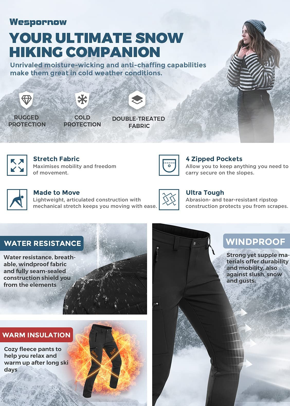 Water-Resistant Fleece-Lined Women's Hiking Pants - Size Medium