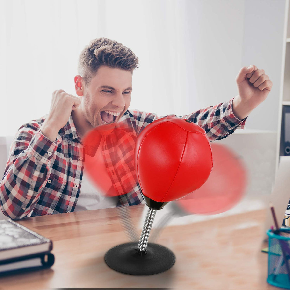 Stress Buster Desktop Punching Bag Stand with 2 Extra Balls - Red Reflex Boxing