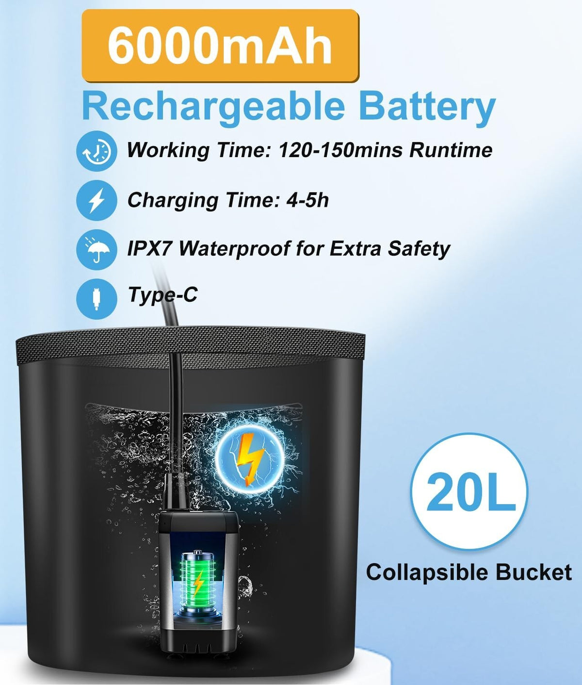 Portable Camping Shower with 5-Gallon Foldable Water Bucket & Rechargeable Pump