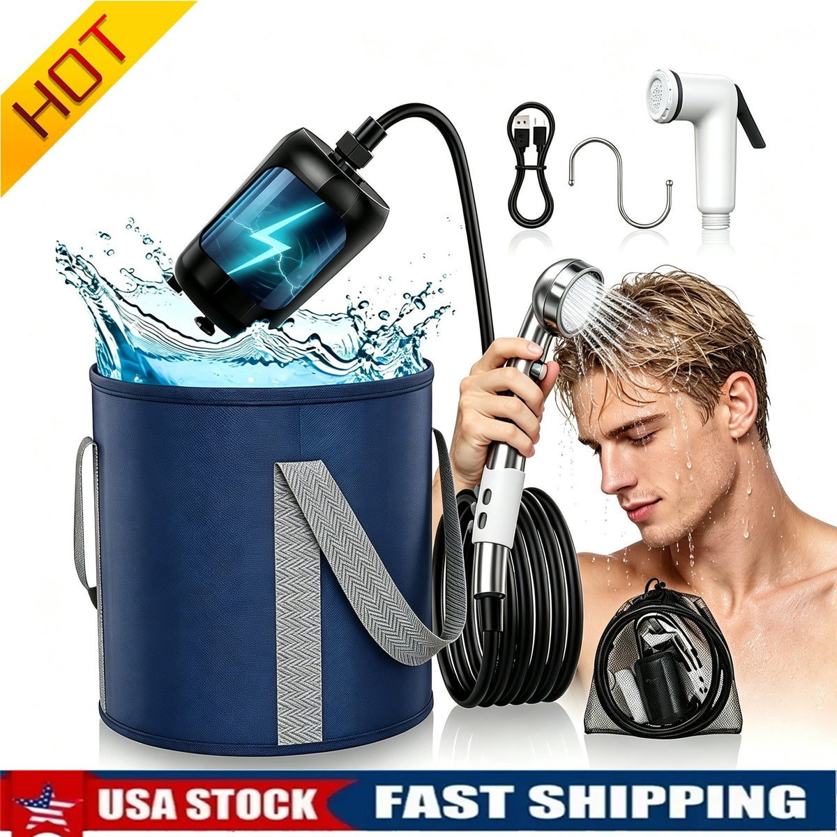 Portable Camping Shower Pump with Rechargeable 9000mAh Battery & Digital Display