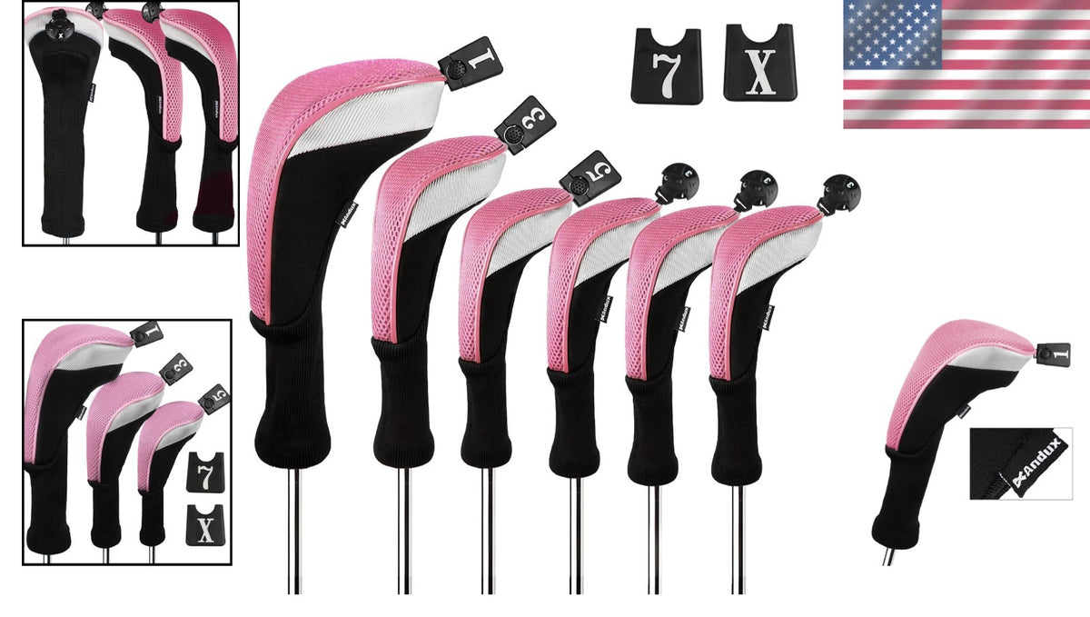 Golf Club Head Covers Set - 6-Piece Black and Pink Protects Drivers & Hybrids