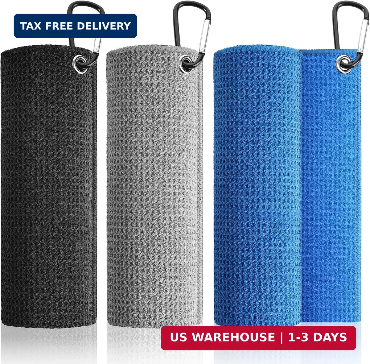 Pro 3 Pack Golf Towels - Microfiber 16x16 Inches with Hook & Loop Fastener