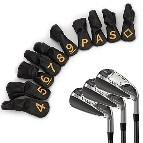Golf Iron Head Covers Set - Black Hybrid Club Protectors with Large Gold Numbers