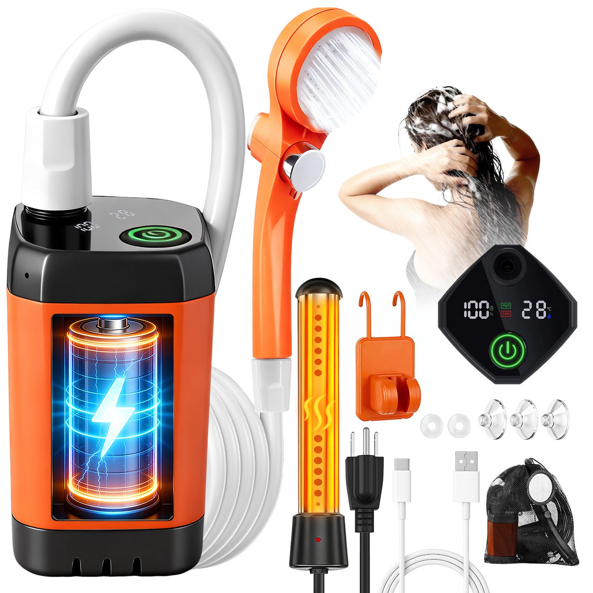 Portable Camping Shower with Water Heater and Rechargeable Pump - Outdoor Shower Set