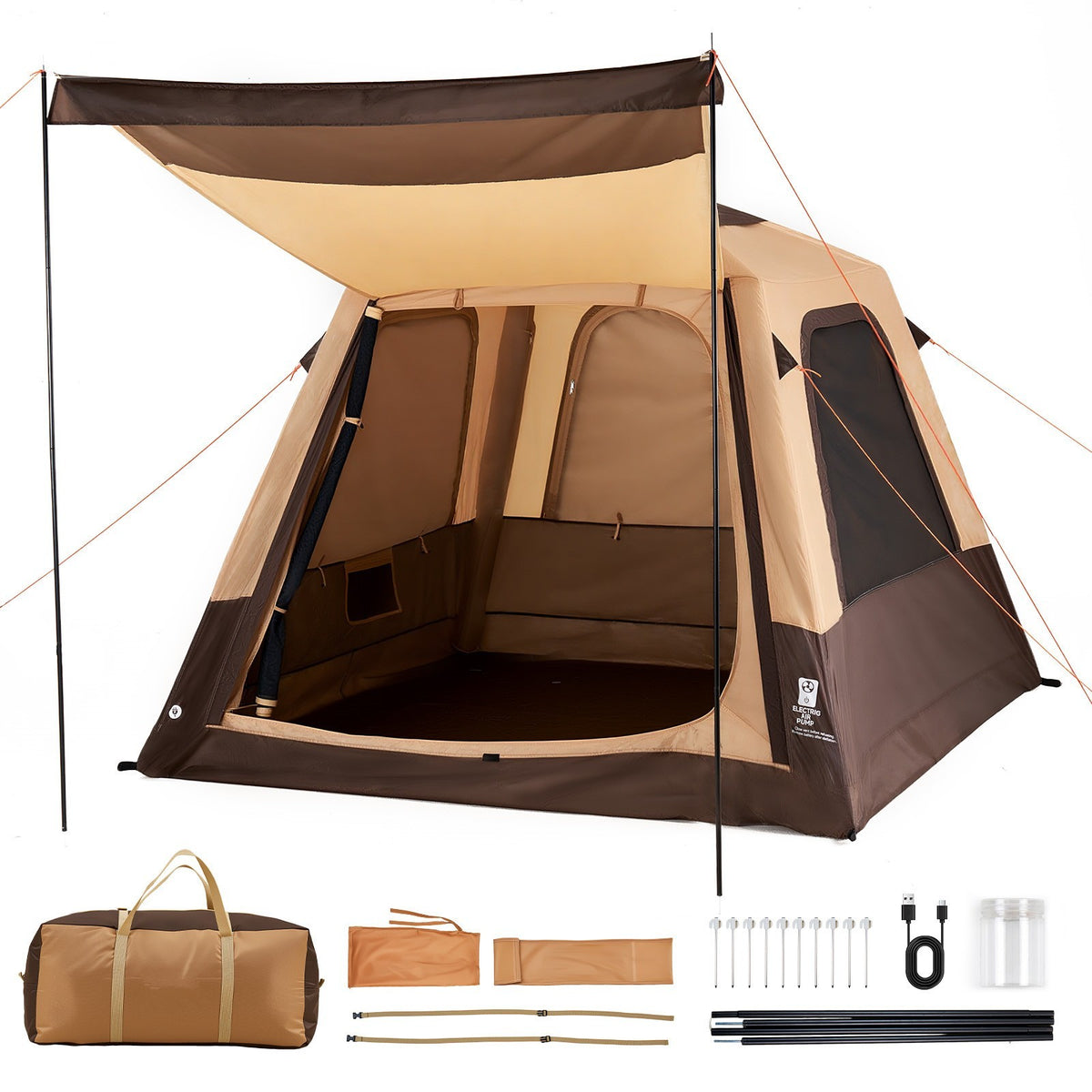 Inflatable Camping Tent with Rechargeable Pump for 4 People - Easy Setup, Durable Sun Protection