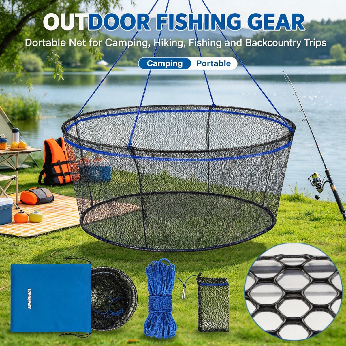 Foldable Heavy Duty Fishing Net with Rope - Rubber Coated Landing Net for Minnows