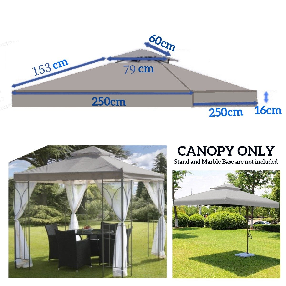 UV Resistant Replacement Patio Pavilion Canopy Top for Gazebo 8.2x8.2FT Grey