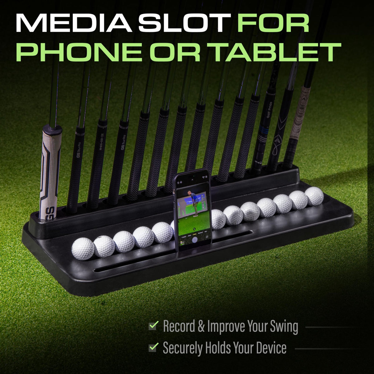 Golf Club Holder Stand - Holds 14 Clubs with Ball & Phone Slots, Black