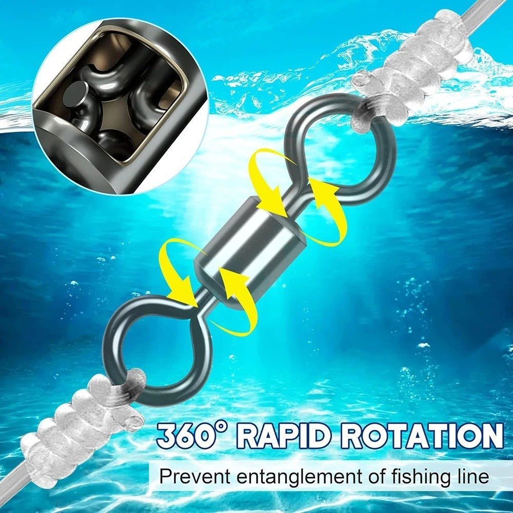 50x Stainless Steel Fishing Swivels with Solid Ring - Rolling Barrel Type