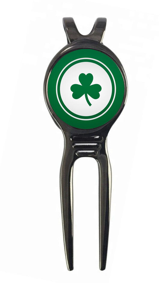 Golf Ball Marker with Celtic Lucky Clover Design and Black Divot Tool