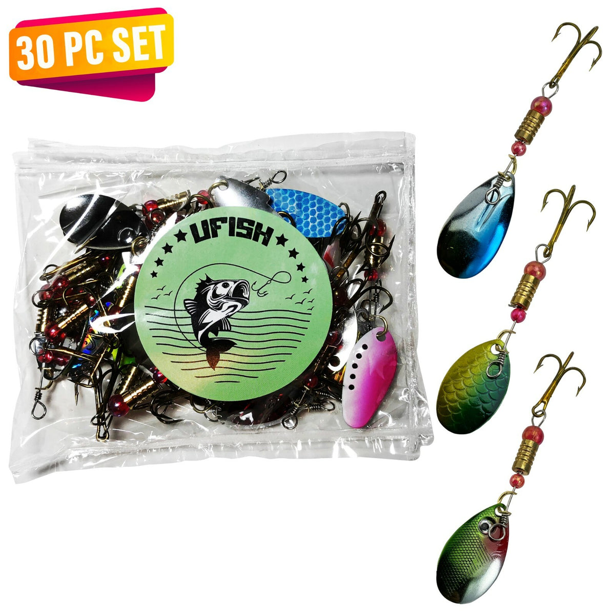 30pcs Fishing Spinner Baits Set for Trout, Bass, Salmon - Metal Lures