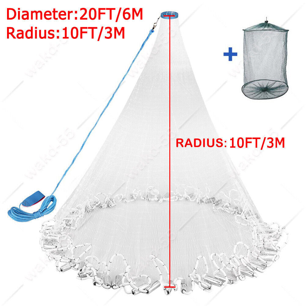 Heavy Duty Fishing Cast Net 6-16FT for Bait & Catching Fish - Durable Nylon Mesh