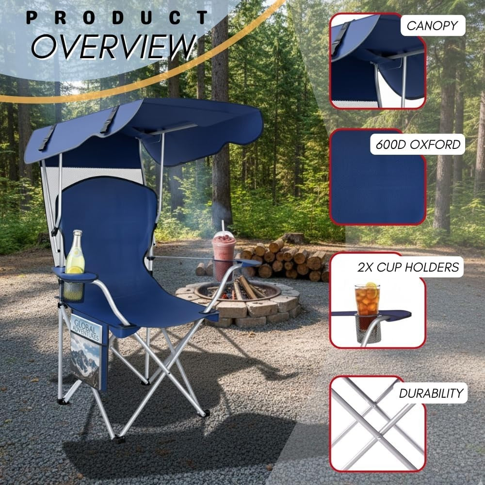 Portable Camping Chair with Canopy Sun Shade and Carrying Straps