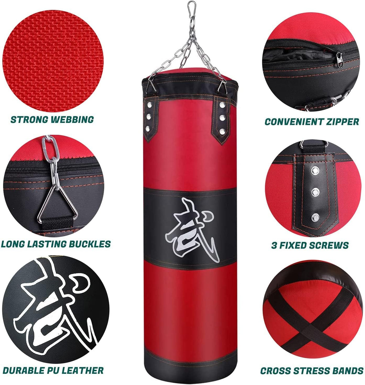 Unfilled Heavy Punching Bag Set with Hand Wraps & Steel Hanger for Boxing MMA Training