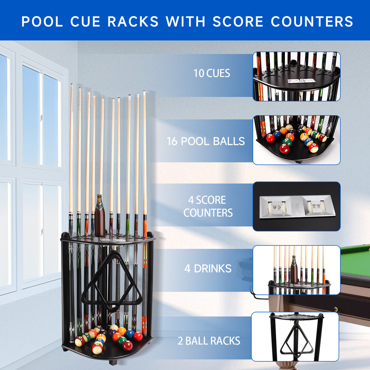 10-Cue Corner Floor Pool Cue Rack, Solid Wood Stand with Score Counters