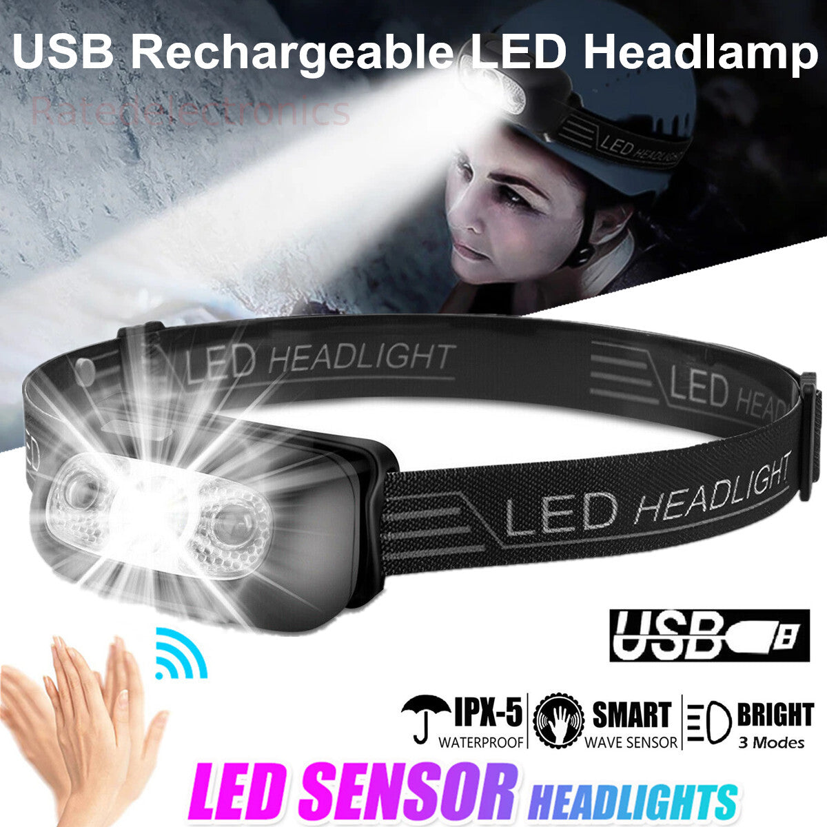 Rechargeable Waterproof LED Headlamp for Outdoor Activities - 500 Lumens