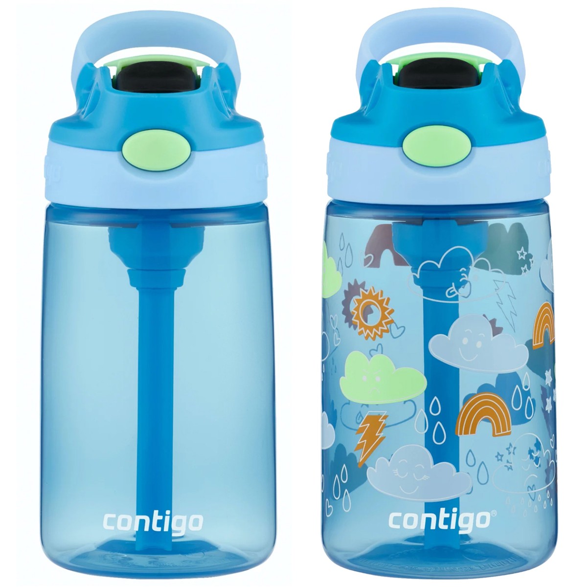 Kids Water Bottle 14 oz with Autospout Straw 2-Pack, Durable Plastic