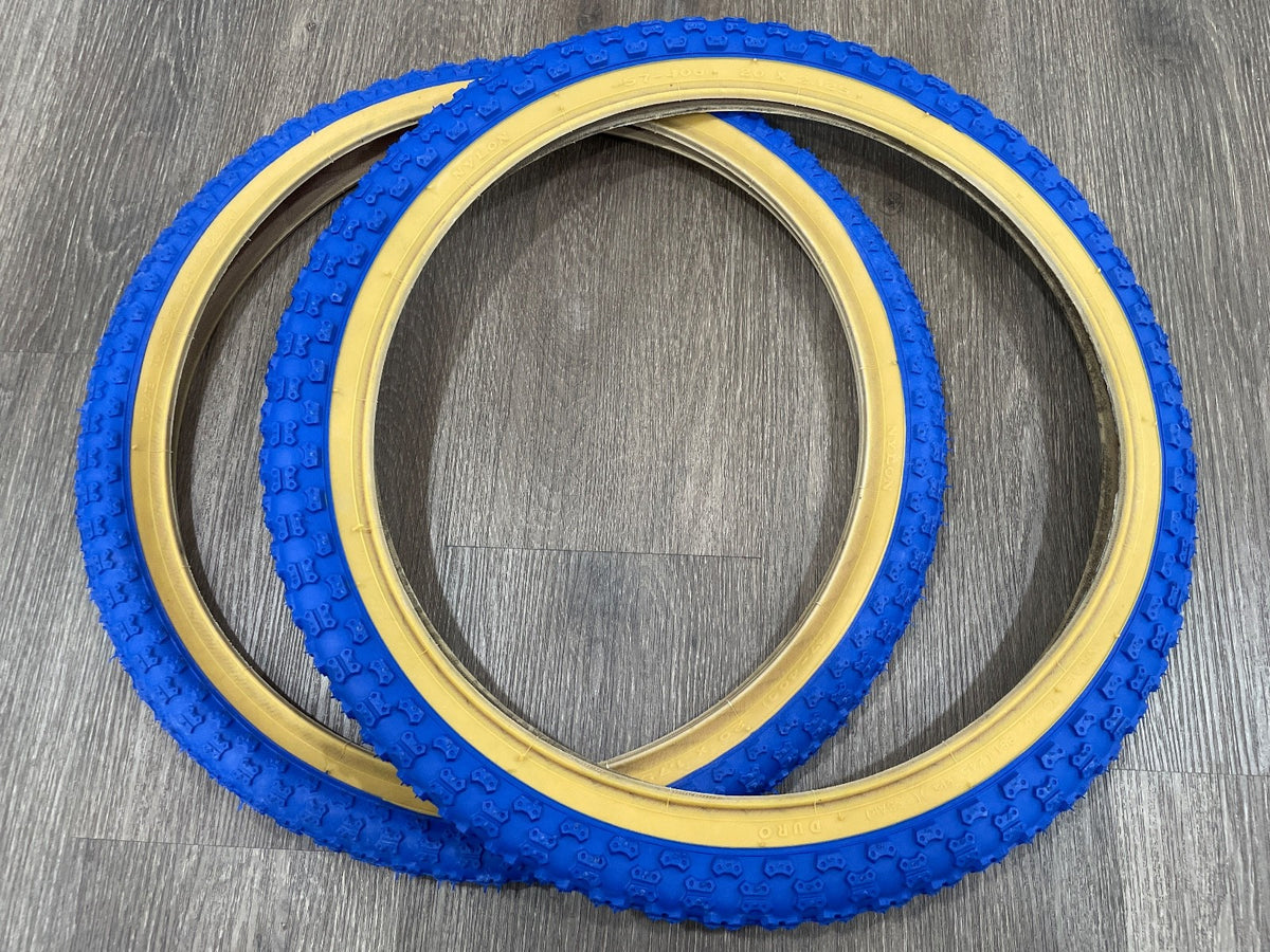 20-Inch BMX Bicycle Tires Staggered Set Blue Gumwall 1.75 & 2.125