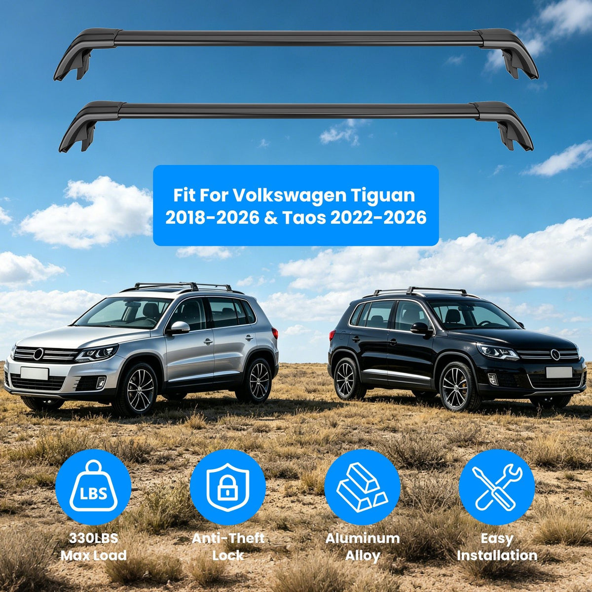 Roof Rack Cross Bars for Volkswagen Tiguan & Taos 2018-2026 - Heavy Duty Aluminum