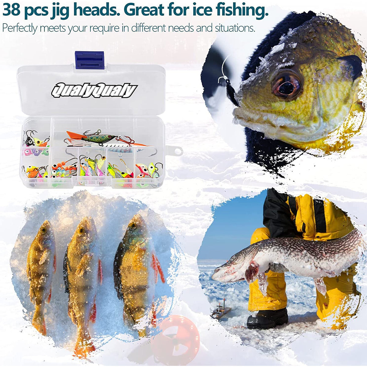 38Pcs Ice Fishing Jigs Set Glow Lures for Perch Crappie Panfish - Tackle Kit