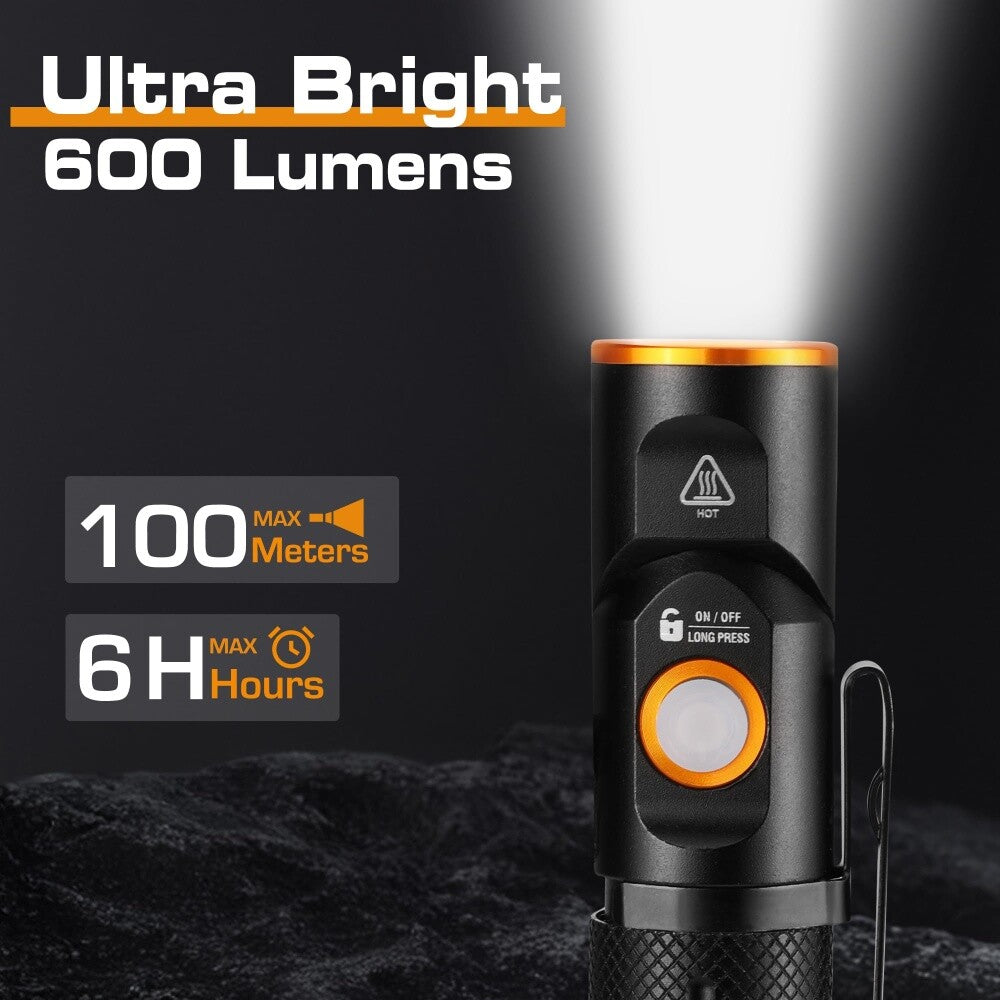 Rechargeable Tactical Flashlight 600 Lumens with 3 Modes, Magnetic Base & Pocket Clip