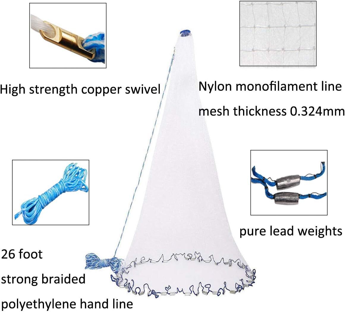 Heavy Duty Fishing Cast Net - Strong Nylon Bait Trap for Sea Lake Pond & River Fishing