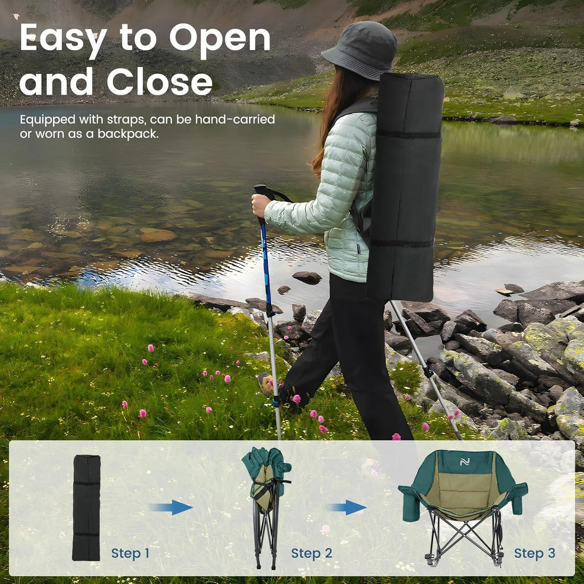 Oversized Folding Rocking Camping Chair with Cooler Bag and Side Pocket