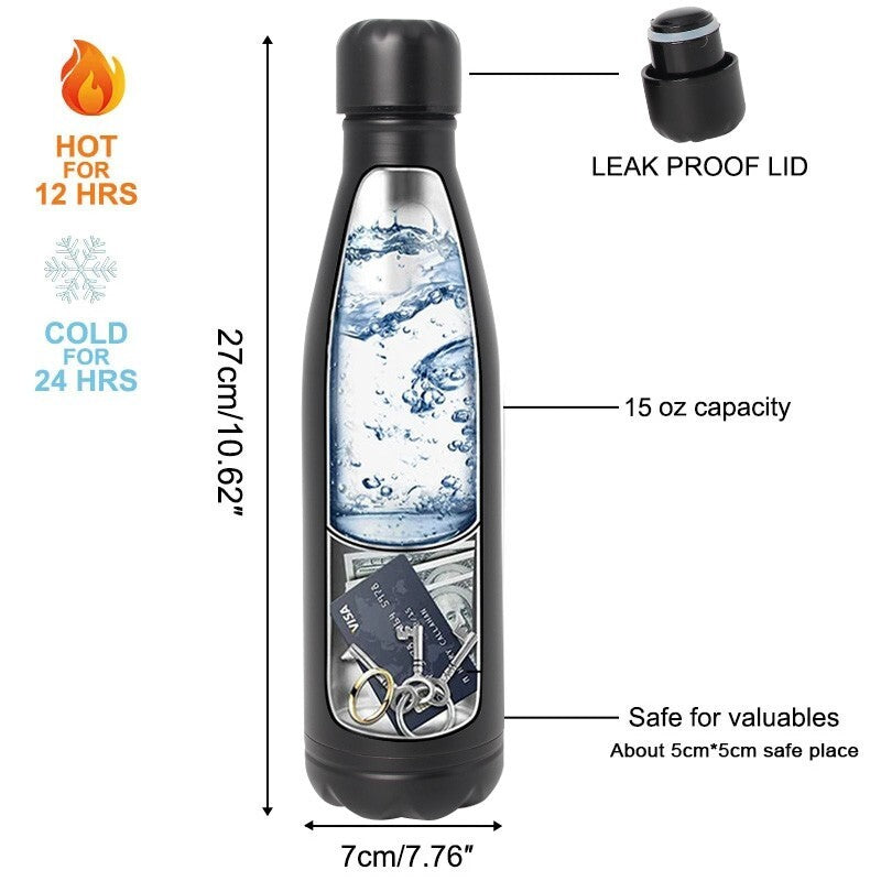Hidden Water Bottle Safe Steel Storage Compartment for Cards Keys Cash