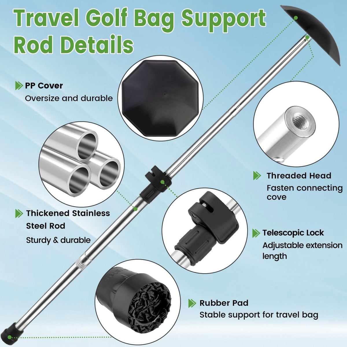 Adjustable Stainless Steel Golf Travel Bag Support Pole 33-60 Inches