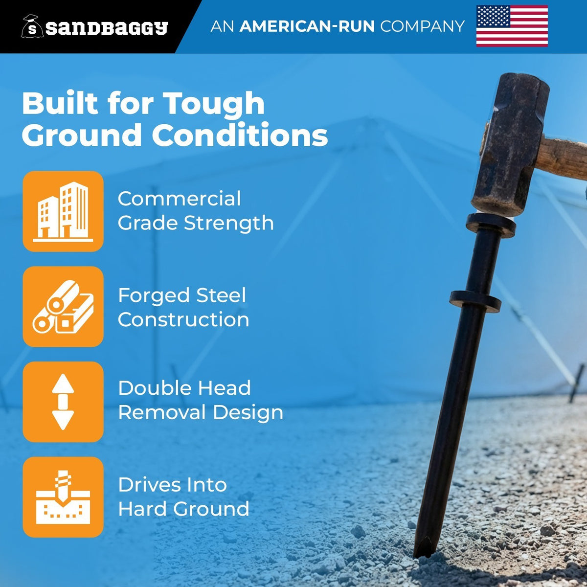 Commercial Steel Tent Stakes 1x40 Inch Heavy-Duty Ground Spikes