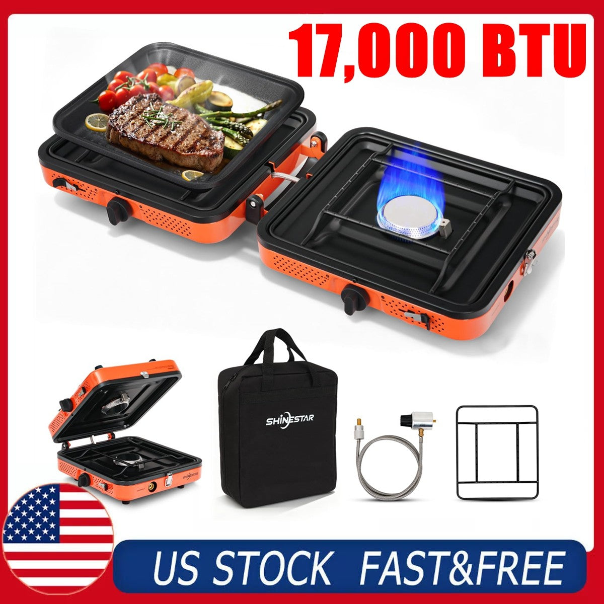 Portable 2 Burner Propane Camping Stove with Windshield, Carrying Case & Hose