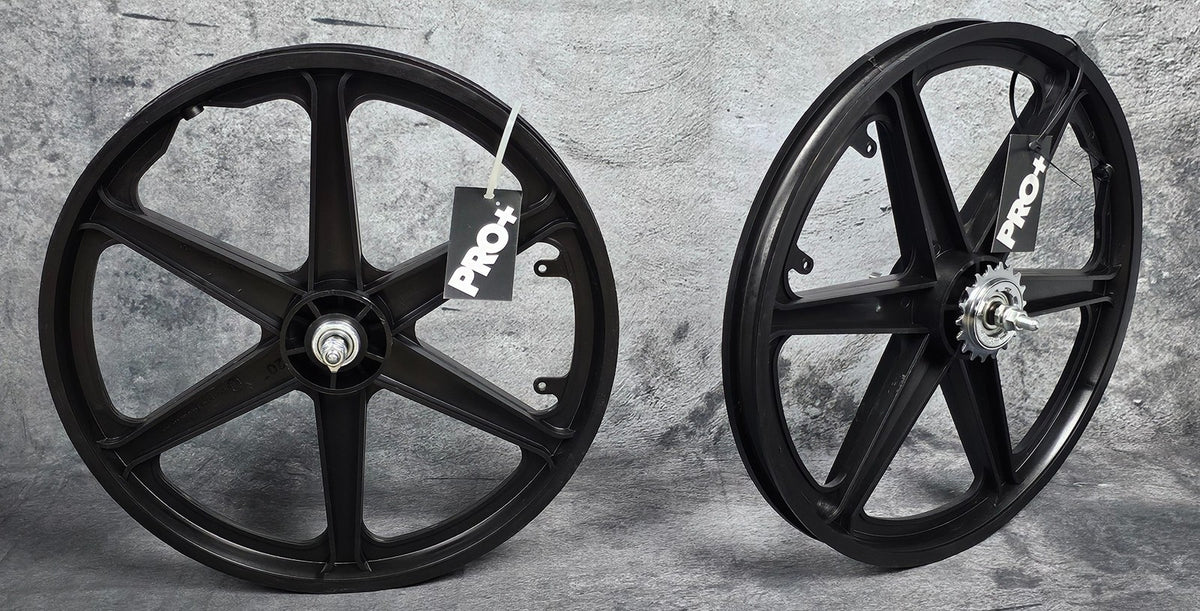 20-Inch Bicycle Mag Wheels Set - Black 6 Spoke BMX Style with Chrome Cog