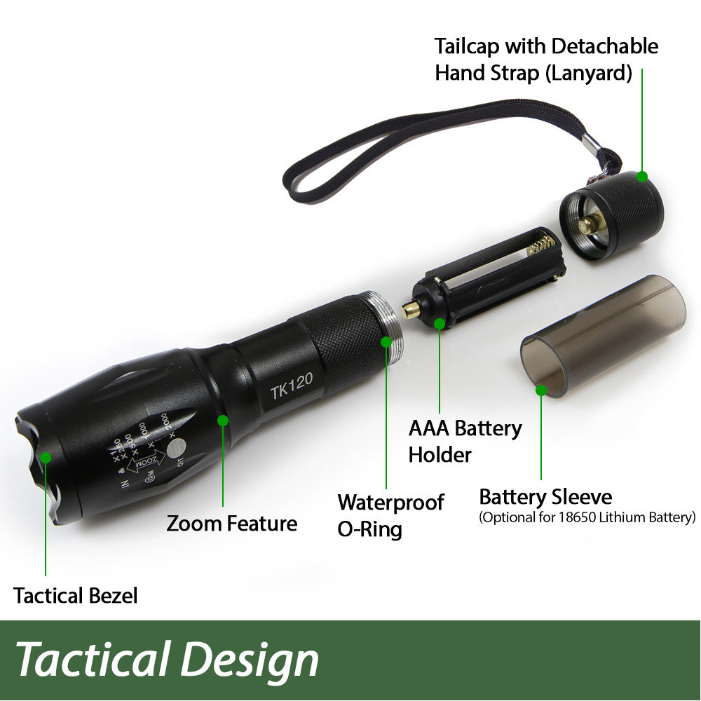 LED Tactical Flashlight with 5 Modes & Adjustable Zoom - Durable Aluminum