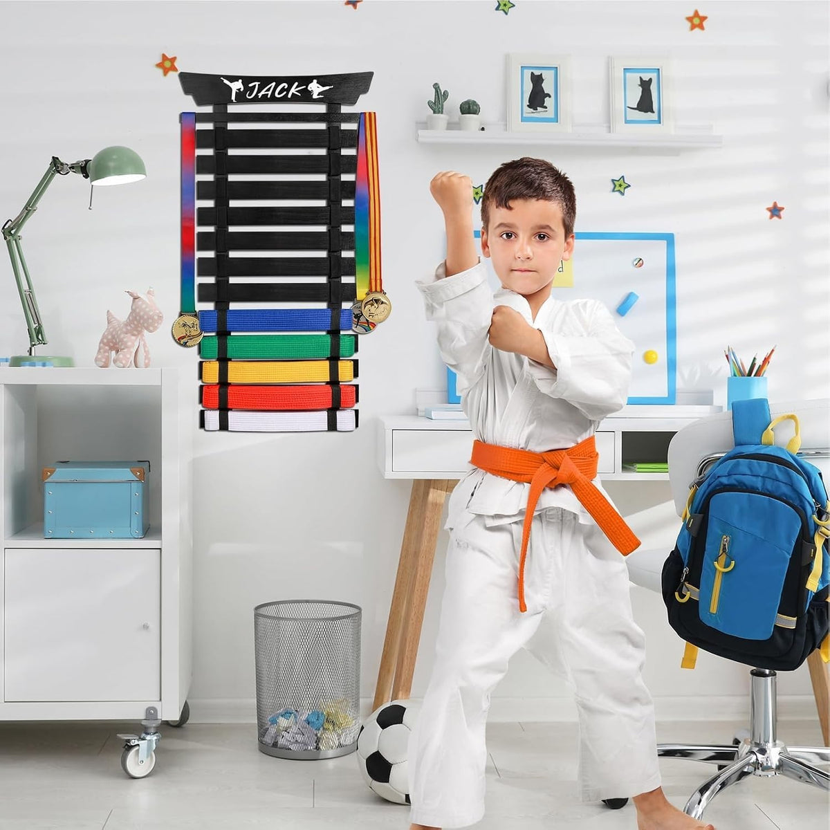 Wall-Mounted Martial Arts Belt Display Rack with Stickers for All Styles