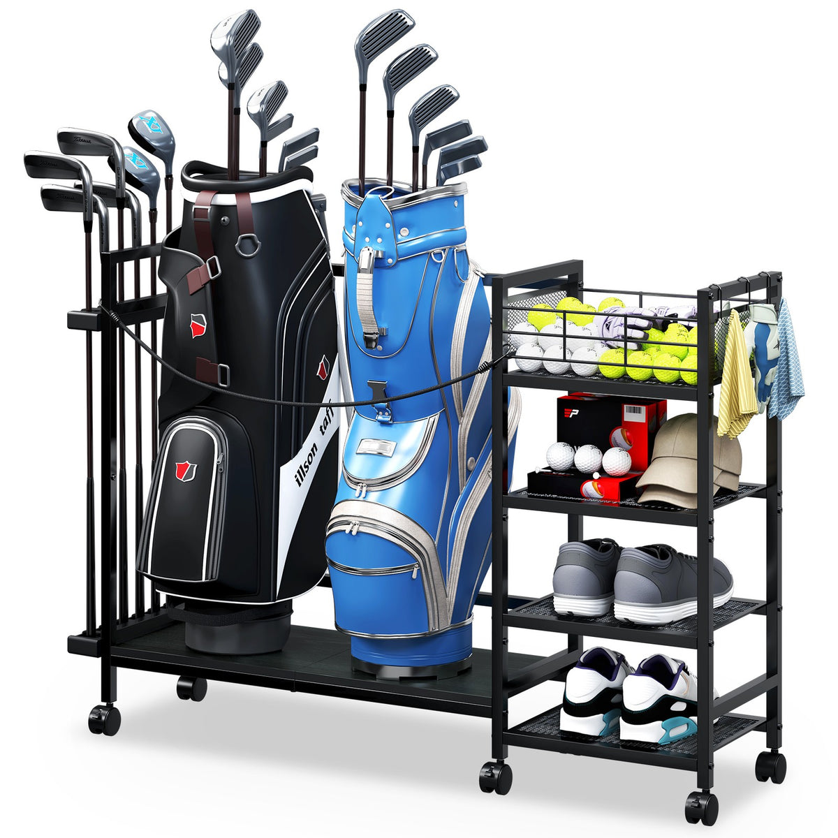 Golf Bag Storage Rack with Wheels - Organize Golf Clubs & Accessories