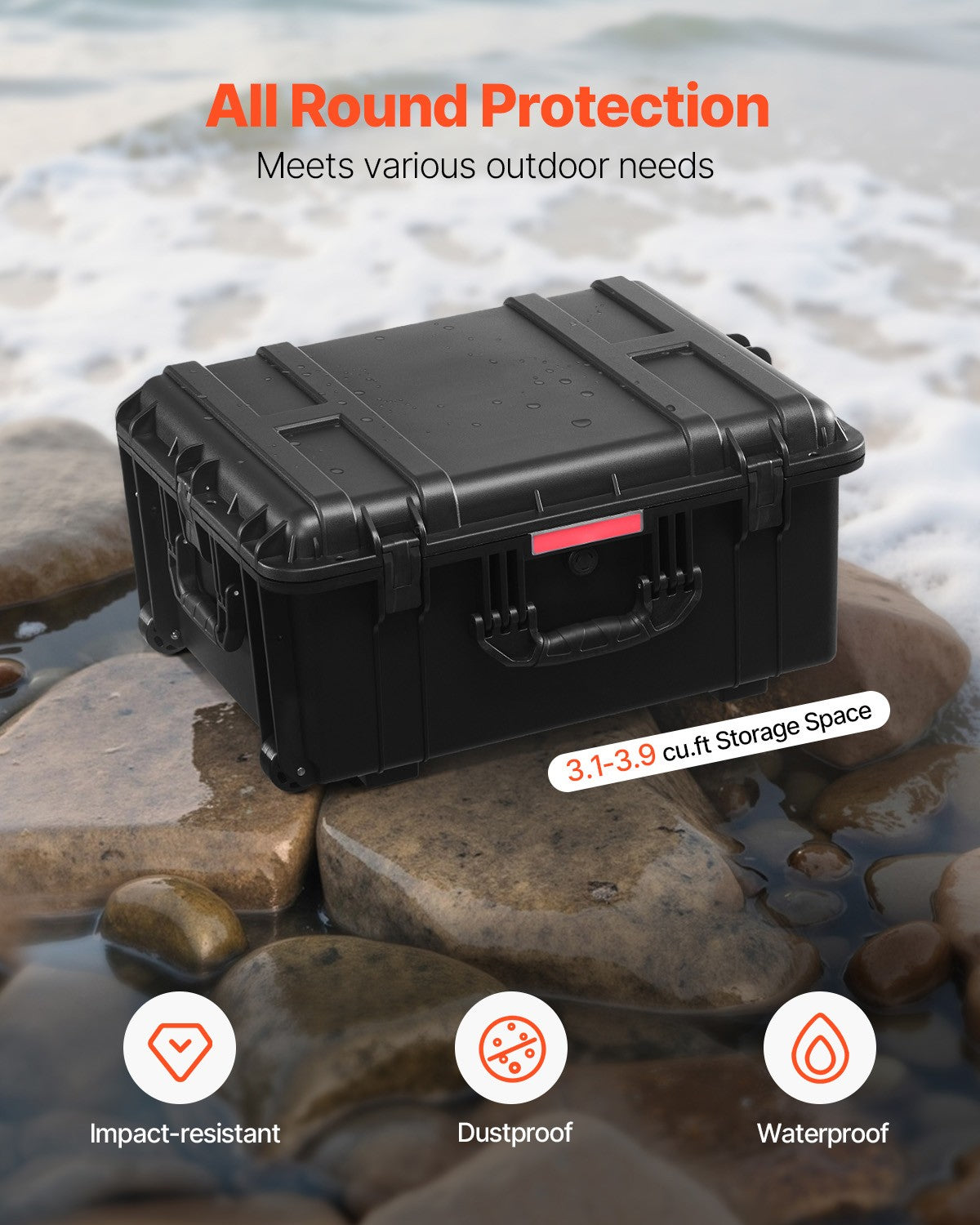Weatherproof Hard Case with Wheels & Retractable Handle 3.5 Cu Ft Black
