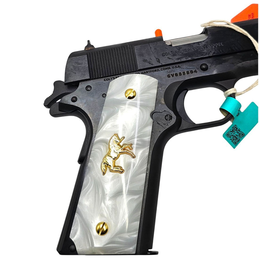 Full Size White Pearl 1911 Grips with Gold Colt Horse Emblem & Screws