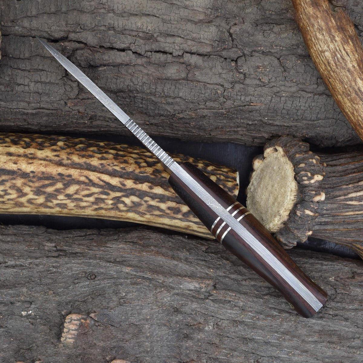 Outdoor Hunting Knife with Damascus Steel Blade & Rosewood Handle - 8.5 Inch